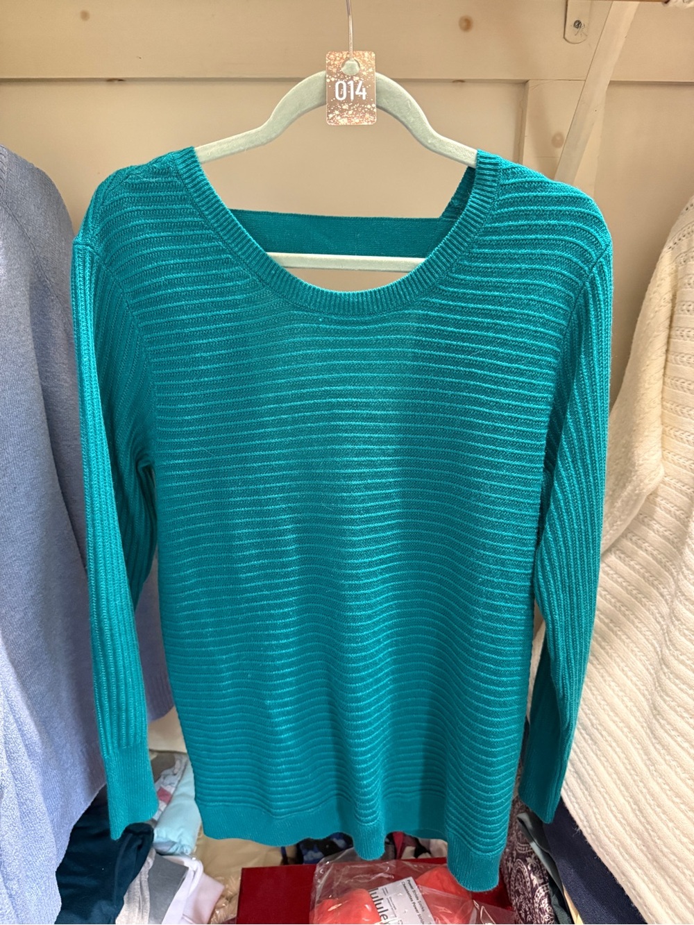 014 New York & Company Teal Ribbed Crewneck Sweater open back